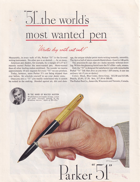 1946 Original Vintage Magazine Ad - Rare Americana - Parker 51 Ink Pens The World's Most Wanted Pen
