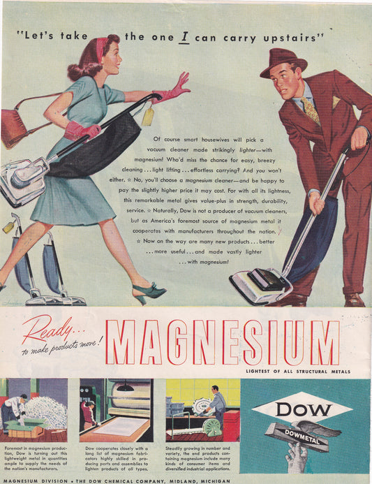 SEXIST 1946 Original Vintage Magazine Ad - Rare Americana Dow Dowmetals Magnesium Housewives Can Carry It Upstairs