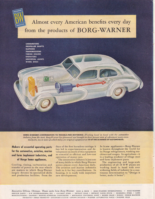 1946 Original Vintage Magazine Ad - Rare Americana - Borg Warner Almost Every American Benefits From Our Products Everyday Automobile
