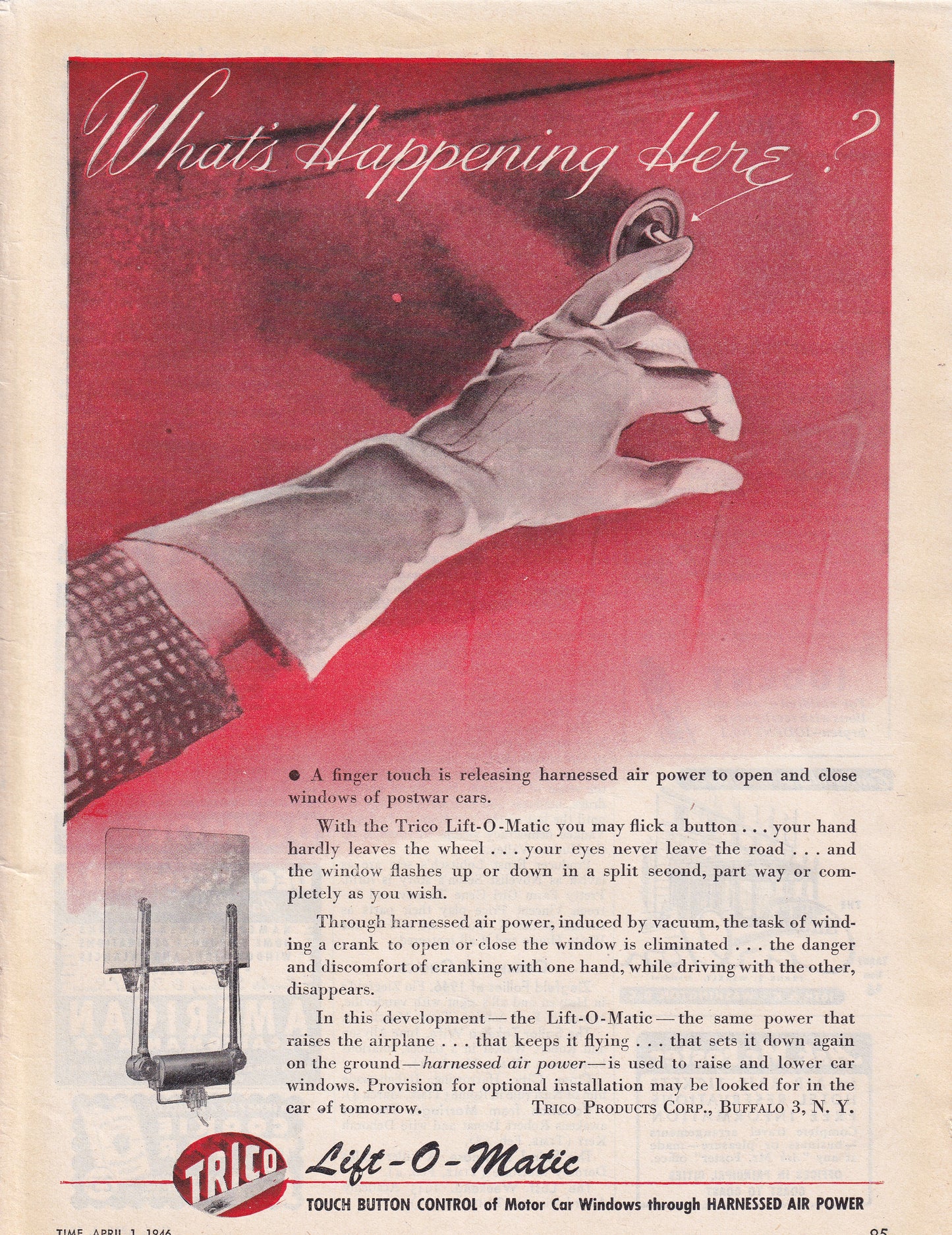 1946 Original Vintage Magazine Ad - Rare Americana - Trico Lift O Matic What's Happening Here Automatic Windows