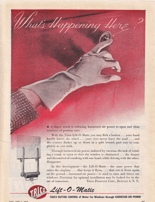 1946 Original Vintage Magazine Ad - Rare Americana - Trico Lift O Matic What's Happening Here Automatic Windows