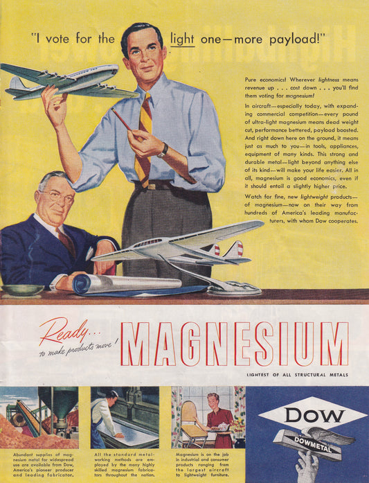 1946 Original Vintage Magazine Ad - Rare Americana - Dow Dowmetals Magnesium Lighter Payload for Airplanes