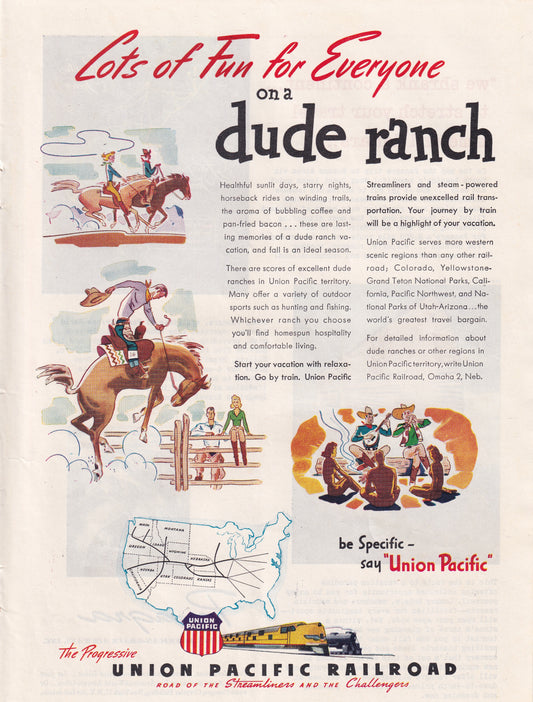 1946 Original Vintage Magazine Ad - Rare Americana - Union Pacific Railroad Lots of Fun on a Dude Ranch