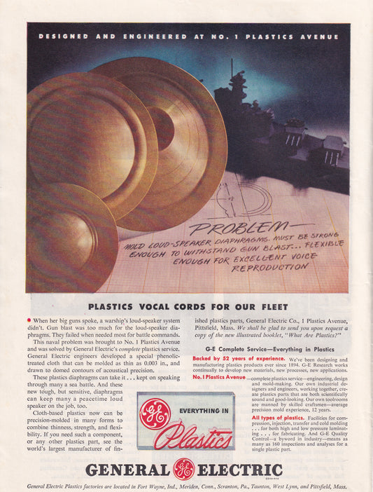 1946 Original Vintage Magazine Ad - Rare Americana - General Electric GE Plastics Vocal Cords for Our Fleet
