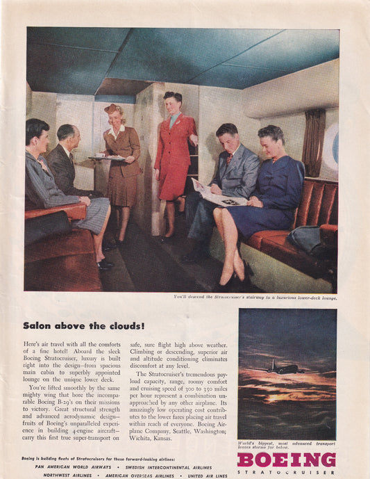1946 Original Vintage Magazine Ad - Rare Americana - Boeing Stratocruiser Salon Above the Clouds