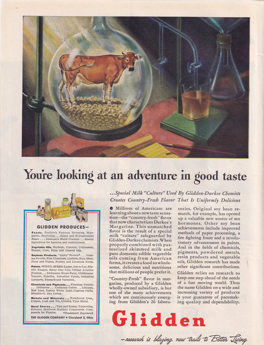 1946 Original Vintage Magazine Ad - Rare Americana - Glidden Durkee Chemist Milk Culture Cow