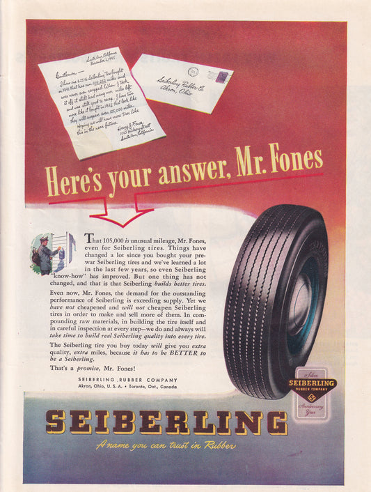 1946 Original Vintage Magazine Ad - Rare Americana - Seiberling Tires Here's Your Answer