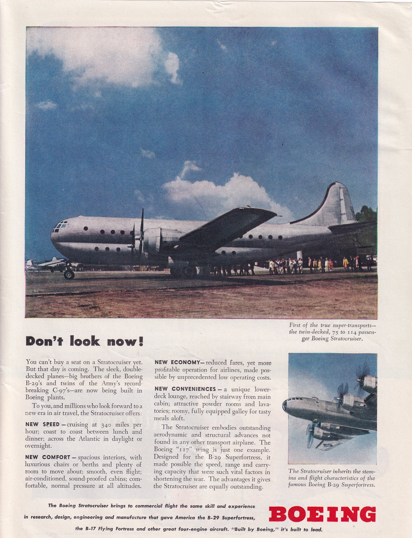 1946 Original Vintage Magazine Ad - Rare Americana - Boeing Airplane Don't Look Now Stratocruiser