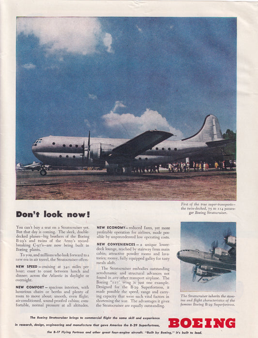 1946 Original Vintage Magazine Ad - Rare Americana - Boeing Airplane Don't Look Now Stratocruiser