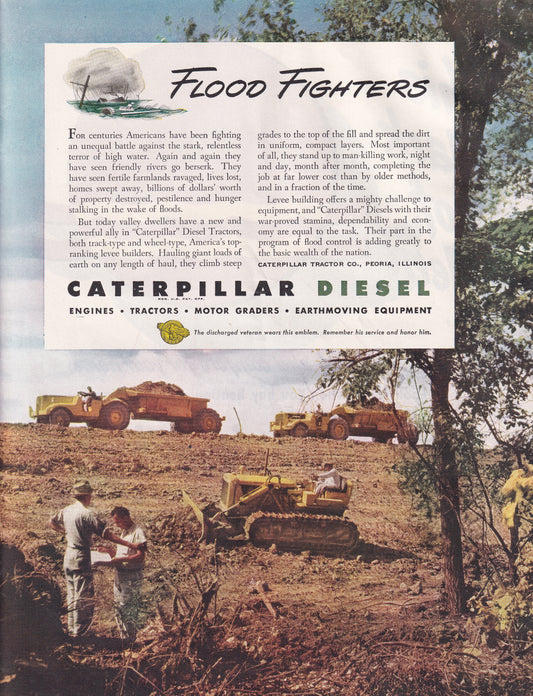 1946 Original Vintage Magazine Ad - Rare Americana -  Caterpillar Diesel Flood Fighters Bulldozere