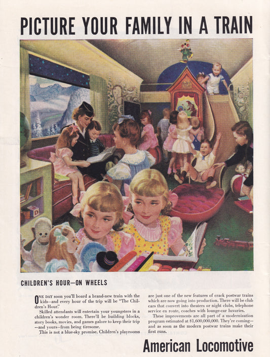 1946 Original Vintage Magazine Ad - Rare Americana - American Locomotive Picture Your Family In a Train