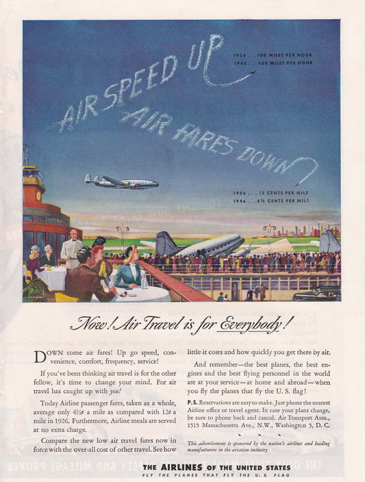 1946 Original Vintage Magazine Ad - Rare Americana - The Airlines of the United States Air Travel is for EVERYBODY