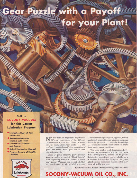 1946 Original Vintage Magazine Ad - Rare Americana - Socony Vacuum Oil Co. Gear Puzzle