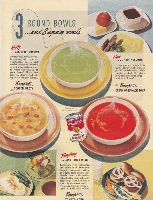 1946 Original Vintage Magazine Ad - Rare Americana - Campbell's Soup 3 Round Bowls Tomato Soup
