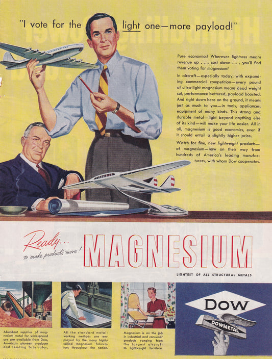 1946 Original Vintage Magazine Ad - Rare Americana - Dow Dowmetal Magnesium I Vote for the Light One