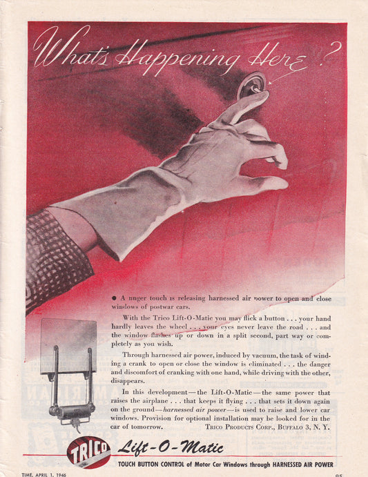 1946 Original Vintage Magazine Ad - Rare Americana - Trico Lift O Matic Automatic Windows What's Happening