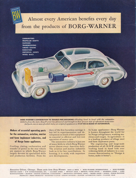 1946 Original Vintage Magazine Ad - Rare Americana - Borg Warner Almost Every American Beneftis From Our Prodcuts Car