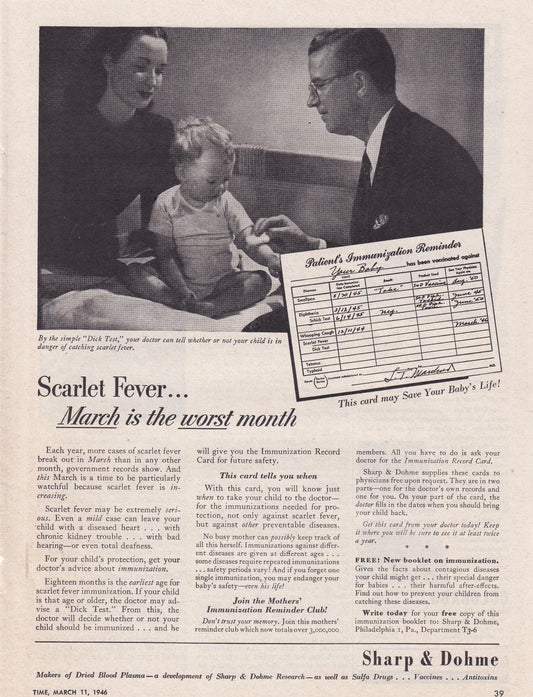 1946 Original Vintage Magazine Ad - Rare Americana - Sharp & Dohme Vaccines Scarlet Fever