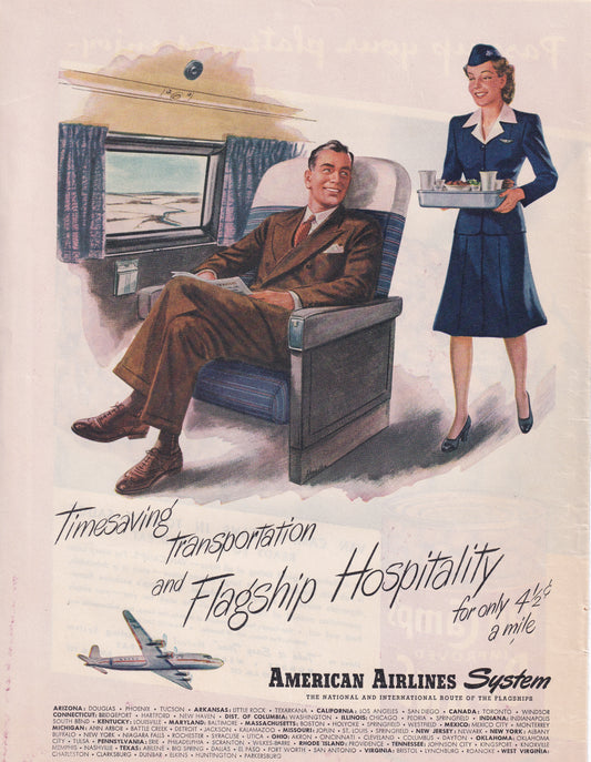 1946 Original Vintage Magazine Ad - Rare Americana - American Airlines System Flagship Hospitality