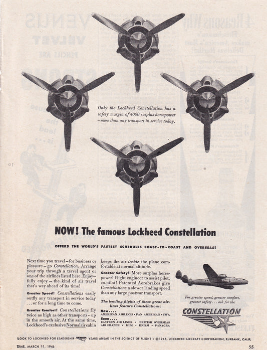 1946 Original Vintage Magazine Ad - Rare Americana - Constellation Airplane Now LOCKHEED CONSTELLATION