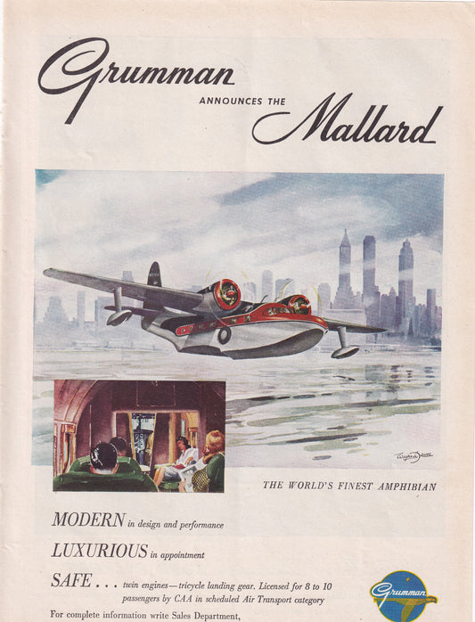 1946 Original Vintage Magazine Ad - Rare Americana - Grumman Mallard World's Finest Amphibian Plane