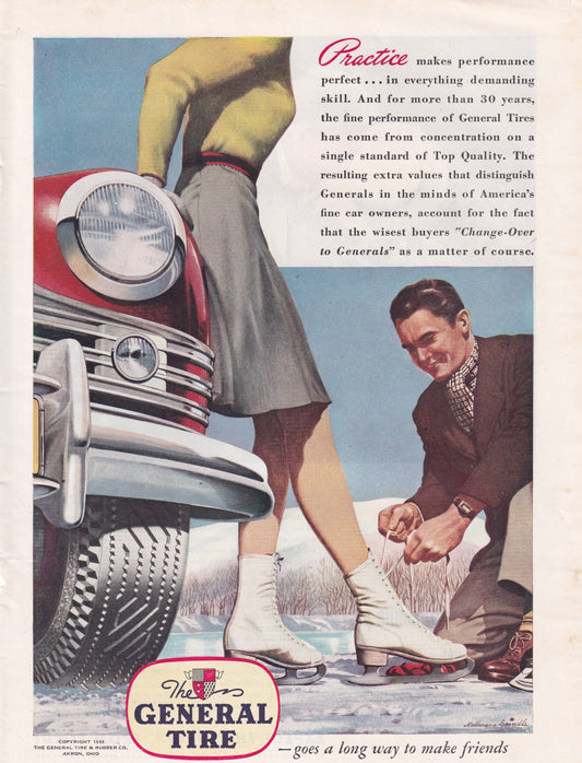 1946 Original Vintage Magazine Ad - Rare Americana - General Tire Simp Tieing Girl's Ice Skate
