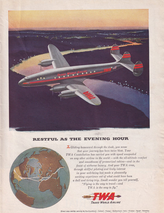 1946 Original Vintage Magazine Ad - Rare Americana - TWA Trans World Airline Restful As the Evening Hour