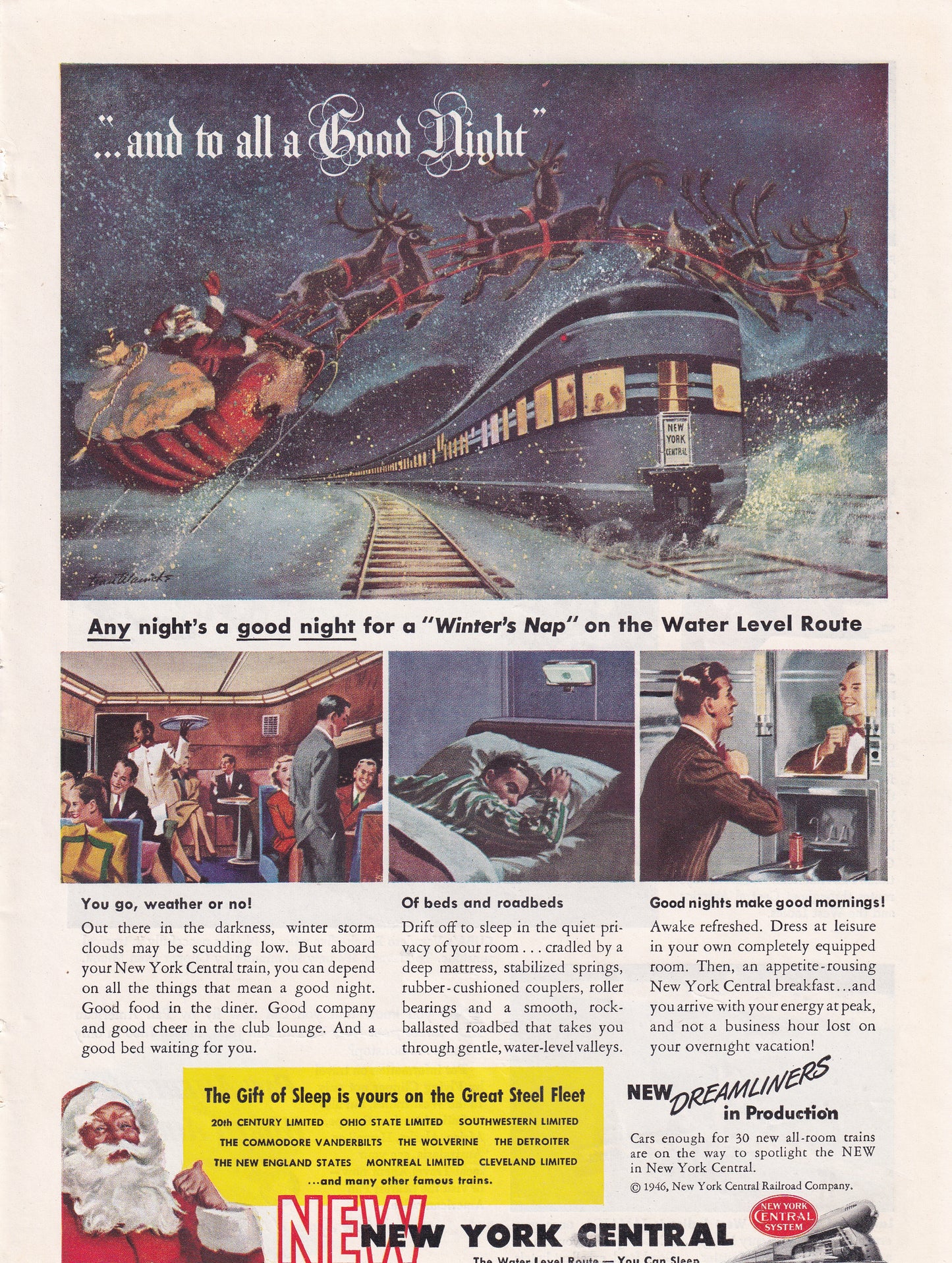 1946 Original Vintage Magazine Ad - Rare Americana - New York Central Rail Santa and to ALL a GOOD NIGHT