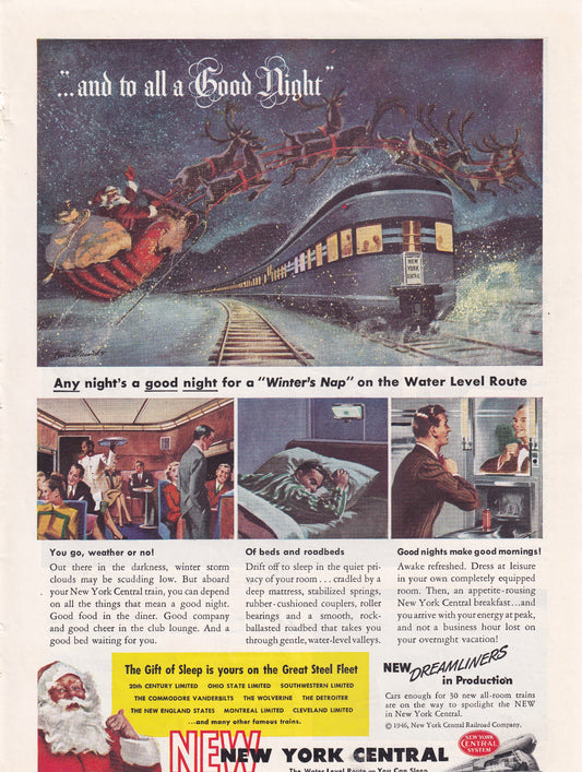 1946 Original Vintage Magazine Ad - Rare Americana - New York Central Rail Santa and to ALL a GOOD NIGHT