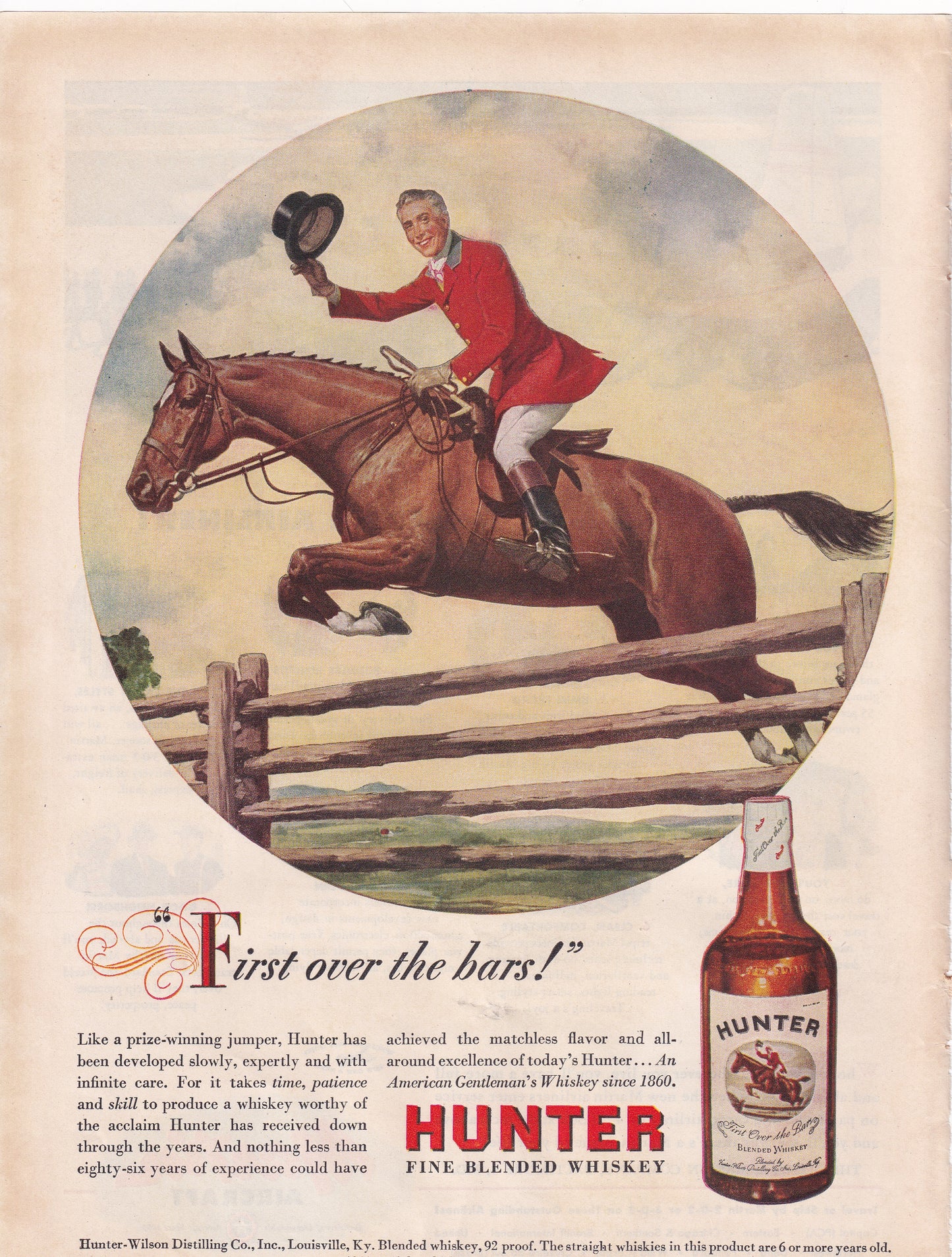 1946 Original Vintage Magazine Ad - Rare Americana - Hunter Whiskey Horse Jumping First Over the Bars
