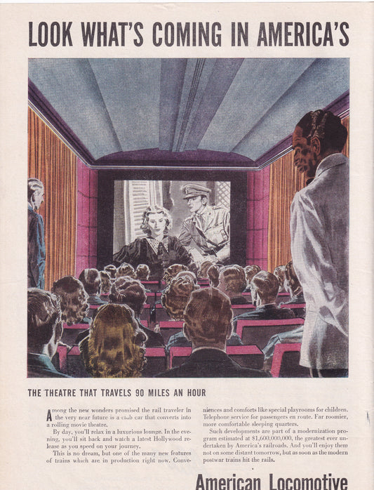 1946 Original Vintage Magazine Ad - Rare Americana - American Locomotive Movie Theatre on Train