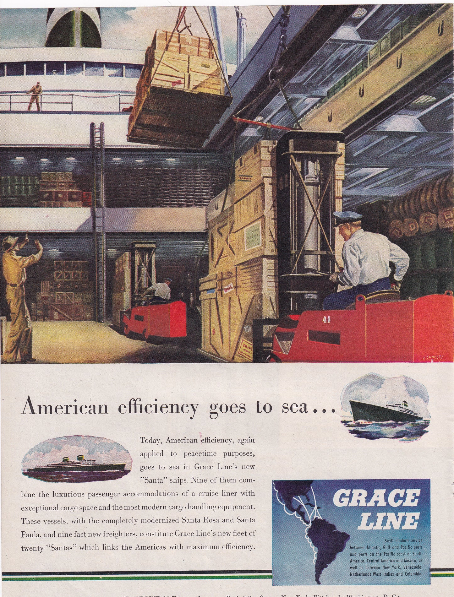 1946 Original Vintage Magazine Ad - Rare Americana - Grace Line Cargo Ship American Efficiency