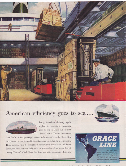 1946 Original Vintage Magazine Ad - Rare Americana - Grace Line Cargo Ship American Efficiency
