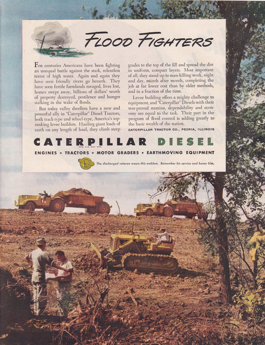 1946 Original Vintage Magazine Ad - Rare Americana - Caterpillar Diesel Flood Fighters Bulldozer and Grader