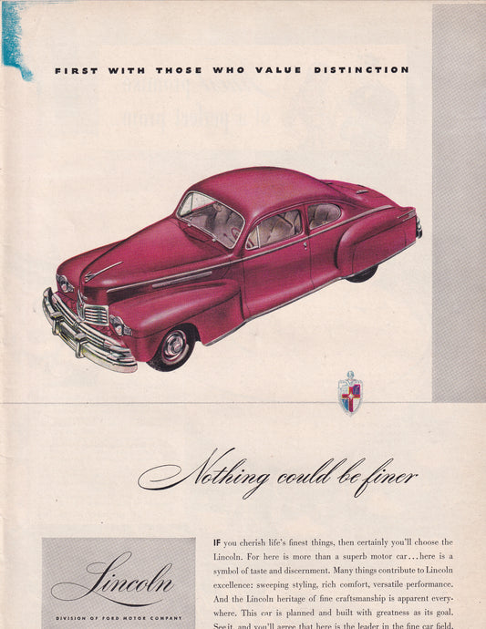 1946 Original Vintage Magazine Ad - Rare Americana - Lincoln Continental First With Those Who Value Distinction Nothing Could be Finer