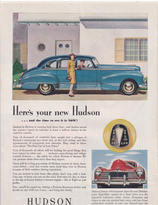 1946 Original Vintage Magazine Ad - Rare Americana - Hudson Auto Here's Your New Hudson