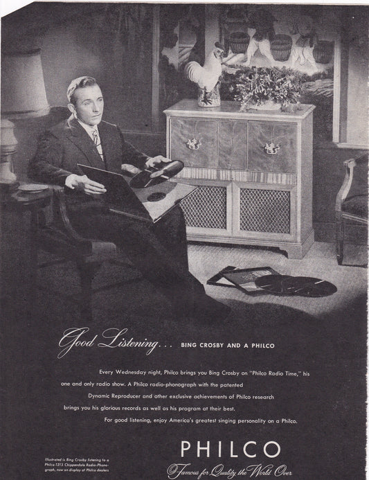 1946 Original Vintage Magazine Ad - Rare Americana - Bing Crosby and a Philco Radio