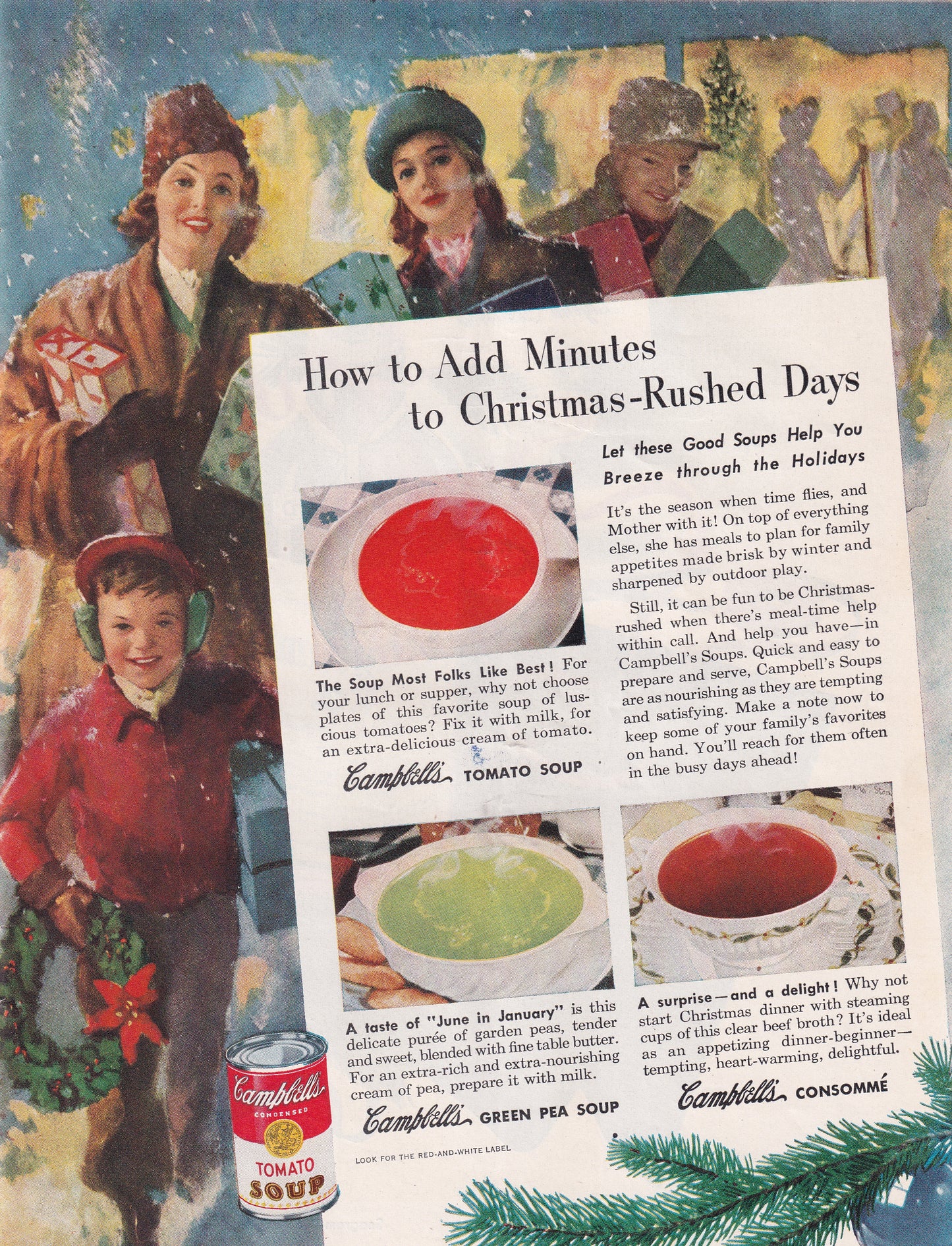 1946 Original Vintage Magazine Ad - Rare Americana - Campbells' Soup Add Minutes to Christmas Rushed Days