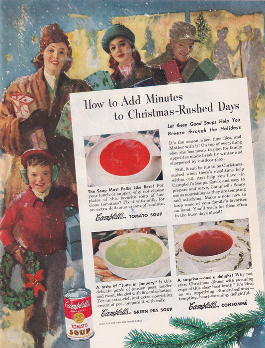 1946 Original Vintage Magazine Ad - Rare Americana - Campbells' Soup Add Minutes to Christmas Rushed Days