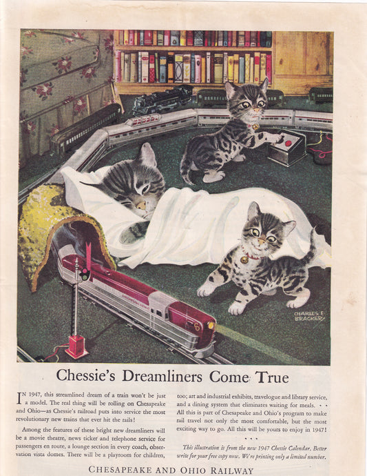 1946 Original Vintage Magazine Ad - Rare Americana - Chesapeake and Ohio Railway Chessie's Dreamiliners Come True Kittens Playing With Trains