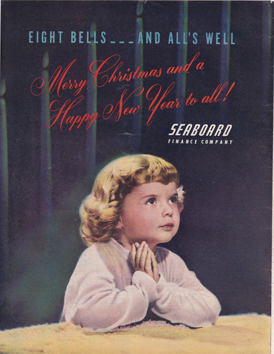 1946 Original Vintage Magazine Ad - Rare Americana - Seaboard Finance Company Young Girl Praying Merry XMAS