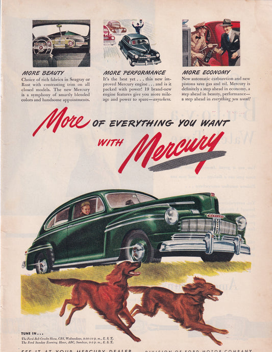 1946 Original Vintage Magazine Ad - Rare Americana - Mercury Auto More of Everything you Want Dogs