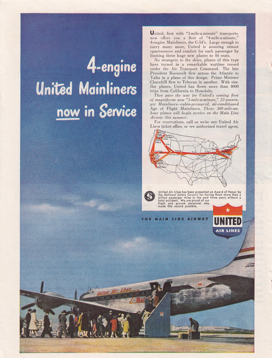 1946 Original Vintage Magazine Ad - Rare Americana - United Airlines 4 Engine Mainliners Now in Service