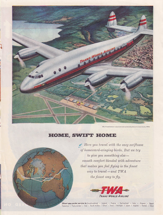 1946 Original Vintage Magazine Ad - Rare Americana - TWA Trans World Atlantic Home Swift Home Airline