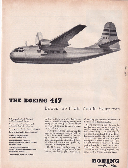 1946 Original Vintage Magazine Ad - Rare Americana - The Boeing 417 Brings Flight to Everyone