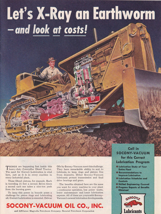 1946 Original Vintage Magazine Ad - Rare Americana - Socony Vacuum Oil X-ray Bulldozer
