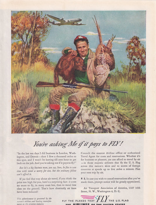 1946 Original Vintage Magazine Ad - Rare Americana - Airlines of the United States Hunting Dog