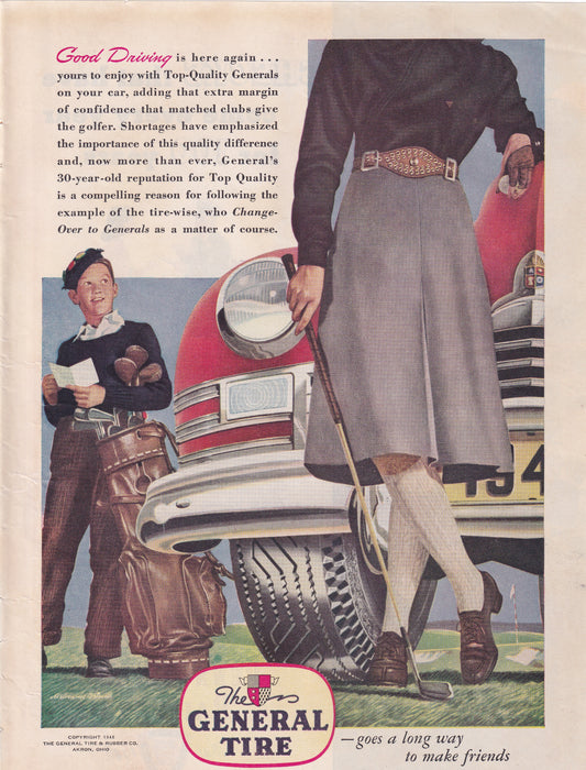 1946 Original Vintage Magazine Ad - Rare Americana - General Tire Good Driving Caddie Golf