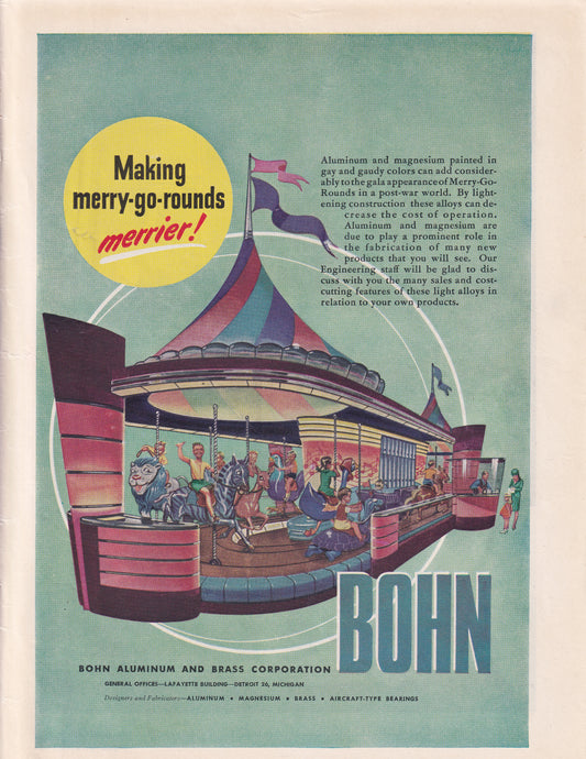 1946 Original Vintage Magazine Ad - Rare Americana - Bohn Aluminum Brass Merry Go Rounds Merrier