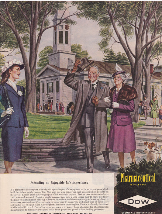 1946 Original Vintage Magazine Ad - Rare Americana - Dow Chemicals Pharmaceutical Extending Life Expectancy